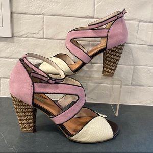 Farylrobin Pink and White Block Heel Sandals